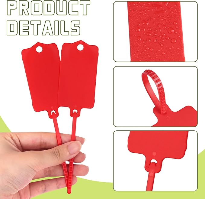 LeonBach 100 PCS Plastic Shipping Tags, 1.46" x 2.48", Waterproof Labels Writable Hanging Tag with Sealing Strap, Shipping Cable Tie Label Tags for Keys Luggage Logistic Retail Inventory(Red)