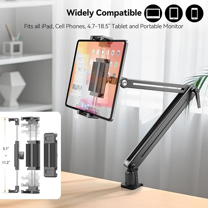 Portable Monitor Stand Desk Holder- Large Clamp support up to 12.9 14.6 15.6 18.5 inch 360° Rotating Base Swivel Tall Desk Arm Mount for iPad Pro/Mini/Air/Surface Strong Bearing Weight over 5.5lbs