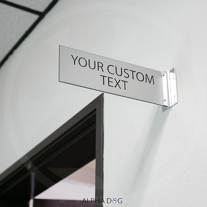 ALPHA DOG SIGNS Custom Projecting Hallway Nameplate, 4"x12" Double-Sided Business Sign, Personalized 2-Line Text, Indoor Outdoor, Easy Install, Durable, Made in USA (Brushed Stainless)