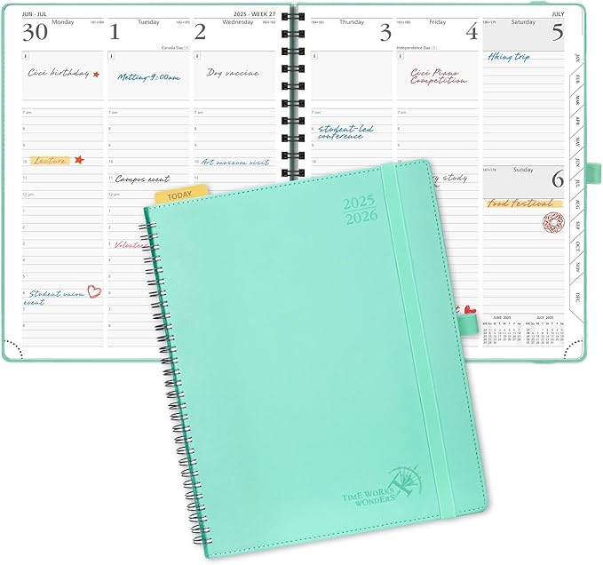 POPRUN Planner 2025-2026 (Large - 8.5'' x 10.5'') Academic Weekly Calendar (July 2025 - June 2026) with Hourly Time Slots, Monthly Tabs, 100GSM Thick Papers, Spiral Leather Cover - Green