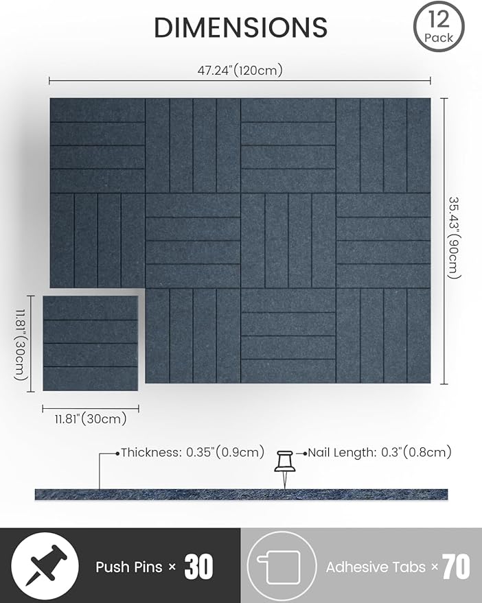 Bumusty Large Cork Board 47"x35" Alternative - 12 Pack Felt Wall Tiles with 70 Safe Removable Adhesive Tabs, 30 Pushpins, Cork Boards for Walls Pin Board Bulletin Board Office Decor -Navy