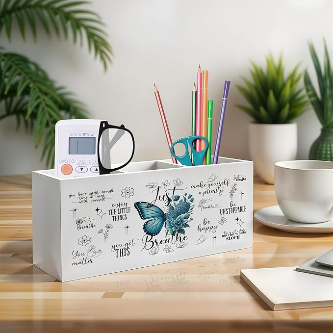 Exqcom Just Breathe Inspirational Pen Pencil Holder, Therapy Office Decor, Teal Butterfly Flower Mental Health Pencil Pen Holder Organizer for Home Counseling Office Desk Accessories