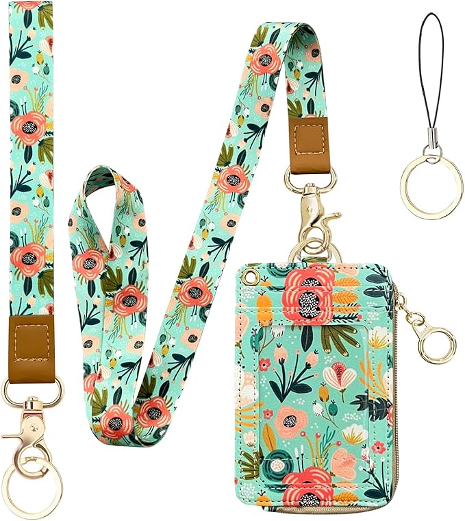 bolimoss Floral Lanyard Wallet, Cute Teacher Lanyards for ID Badges Keychain Wallet,Badge Holder with Zip Pocket, ID Holder Wallet with Neck Wrist Lanyard for Women Nurse Teacher Student (Green)