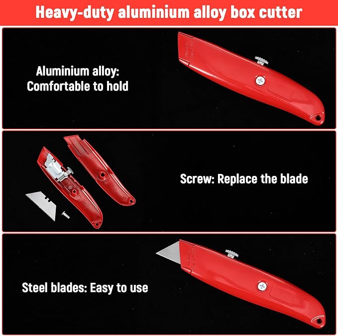 20 Pcs Retractable Utility Knife, Box Cutter Aluminum Alloy Carpet Knife Heavy Duty Utility Knives Sharp Razor Blade for Cardboard Box Cartons Opener DIY Home Office (Red)