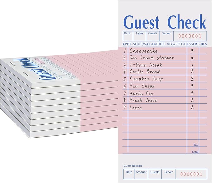 Guest Check Books 10 Pack, Guest Checks for Servers, Server Note Pads, Waitress Accessories Writing Pad, Thick Server Paper with Guest Receipts, Restaurant Supplies Order Pad Total 500 Sheets（Pink)