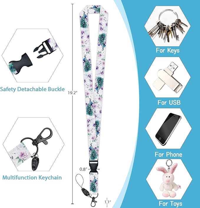 Peacock Lanyards for ID Badges, Badge Holder with Lanyard Detachable, Badge Reel Retractable Keychain Clip, Vertical Cruise Ship Cards Holder Protector Name Tags, Teacher Nurse Office Women Gifts