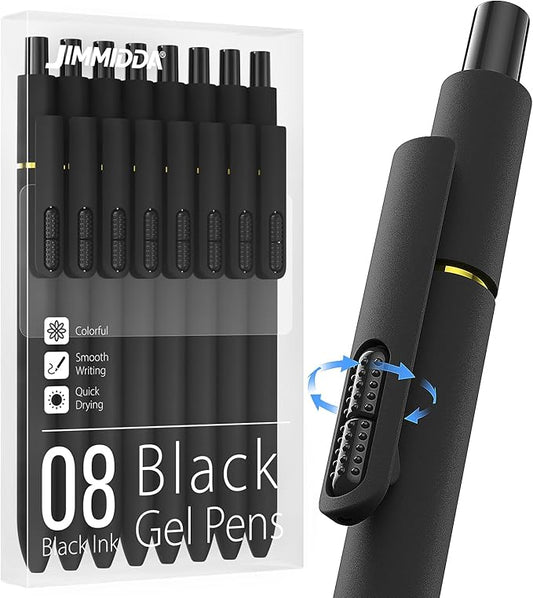 JIMMIDDA 8Pcs Black Gel Pens - 0.7mm Medium Point Black Ink Pens | Smooth Writing - Quick Drying Retractable Pen for Men Women (Black - 8Pcs)