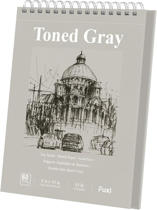 Fuxi Toned Gray Sketchbook 8x10, 60 Sheets (85lb/130gsm) Acid-Free Drawing Paper, Spiral Bound Sketch Pads for Drawing, Pencil, Charcoal, Colored Pencils & Anime Illustration.