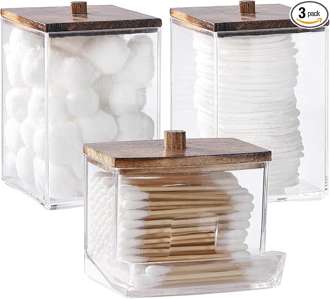 Tbestmax Bathroom Organizer Accessories Set-12/7 oz Qtips Holder Storage, Clear Cotton Ball/Swabs Dispenser, Plastic Square Apothecary Jars with Brown Wood Lids
