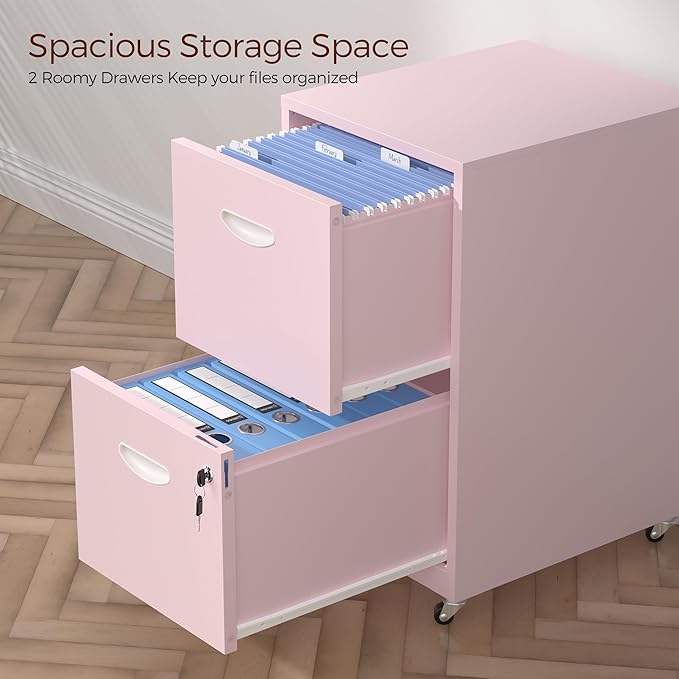 Kubohogar 2 Drawer Mobile File Cabinet with Lock, Pink Metal Filing Cabinets with Wheels, Vertical Rolling File Cabinet Fit Hanging Files, Letter and A4 Documents