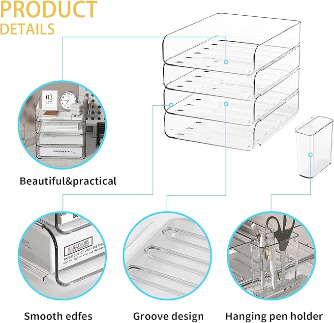 FANXIYQ 4-Tier Acrylic Paper Tray Organizer with Pen Holder | Clear Stackable Desk Organizer for Documents, Letters, A4 Paper | Modern Office/Classroom/Home Organization