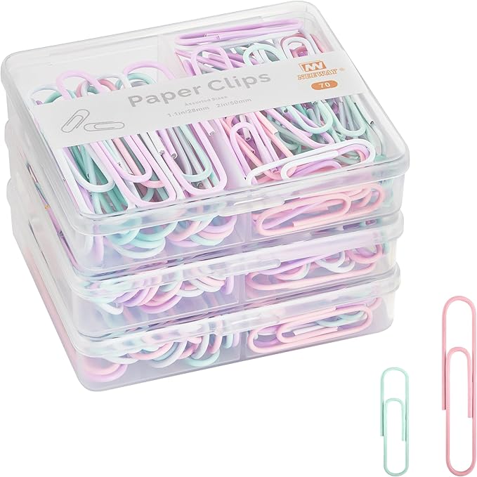 NEEWAY Colorful Paper Clips Assorted Sizes, Small and Large Paperclips, 210 Count, 3 Pack of 70 (Light Multicolor)