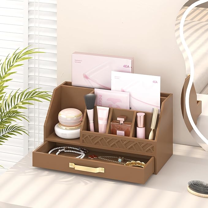 Wisuce Essentials Bamboo Desk Organizer with Drawers, Mail Organizer Countertop Wood Desk Drawer Tabletop Storage Organization Pen Holder Letter Sorter Makeup Organizer for School Home Office (Brown)