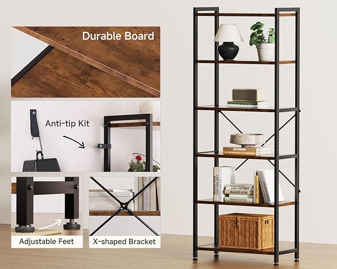 Casaottima Book Shelf Set of 2, 6 Tier Tall Bookshelf, Modern Wood Bookcase Shelves for Bedroom, Industrial Display Shelf for Living Room Home Office, Standing Shelving Unit Storage Organizer, Vintage