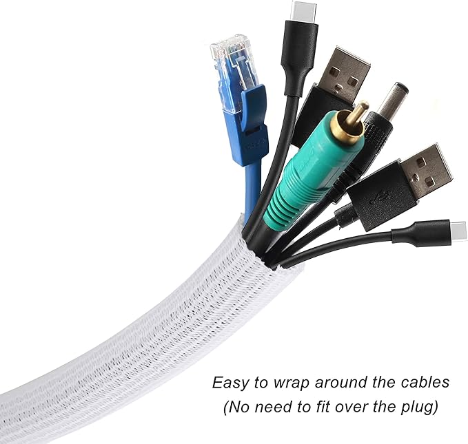 CrocSee 10ft - 1.25 inch Braided Cable Management Sleeve Cord Protector - Self-Wrapping Split Wire Loom for TV/Computer/Home Theater/Engine Bay - White