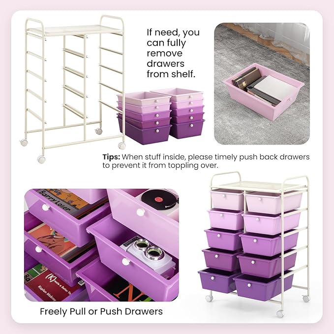 GLACER 10 Drawer Rolling Cart, Storage Cart with Lockable Whieels & Metal Frame, Trolley for Art Craft Oganizer, Mobile Utility Cart for Office, School, Classroom, Kitchen (Purple Gradient)