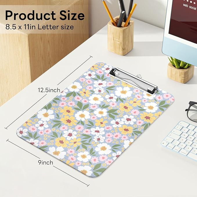 Luminzo Plastic Cute Clipboard Low-Profile Metal Clip, A4 Letter Size 9 x 12.5 in, 8.5 x 11 Paper Clip Board for Teachers, Nurses, Classroom,Daisy