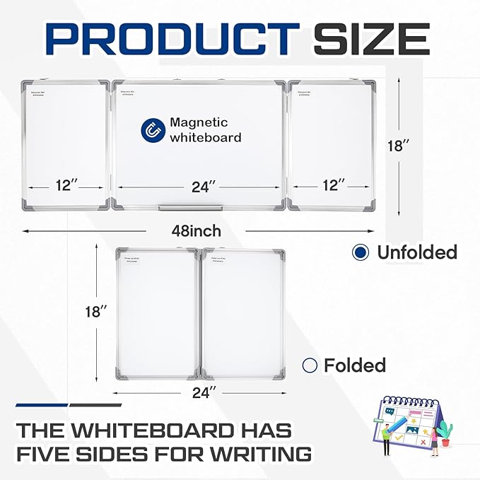 48” x 18” Foldable Whiteboard Dry Erase Board Large Tri Folding Whiteboard Magnetic Dry Erase Board, Wall Aluminium Frame and Flip Out Pen Tray for Office, Home