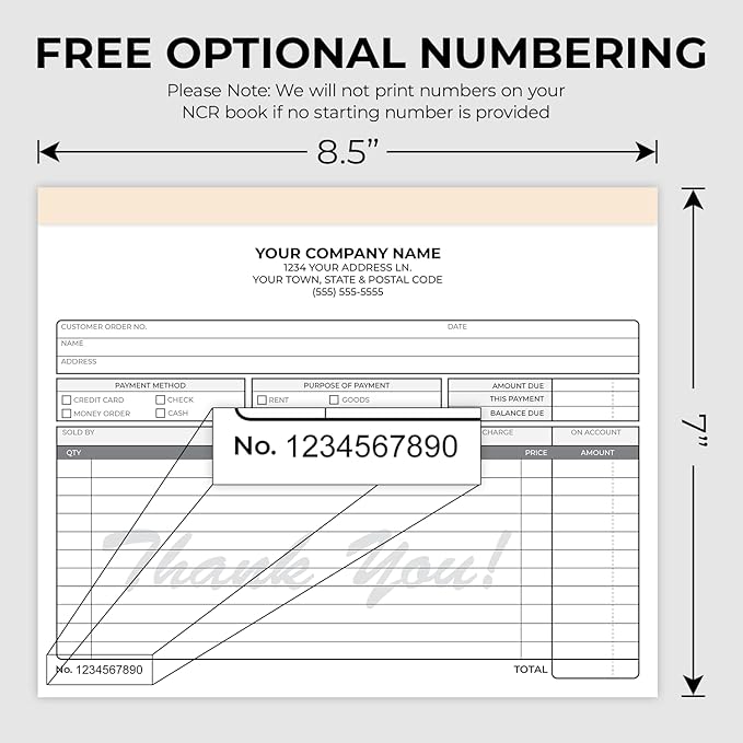 Custom 8.5" x 7" Carbonless NCR Books in 3-Part Triplicate Invoices, Receipts, Work Orders, Sales Orders, Purchase Orders, Estimates, Quote Forms with Your Company/Business Name (66 Sets)
