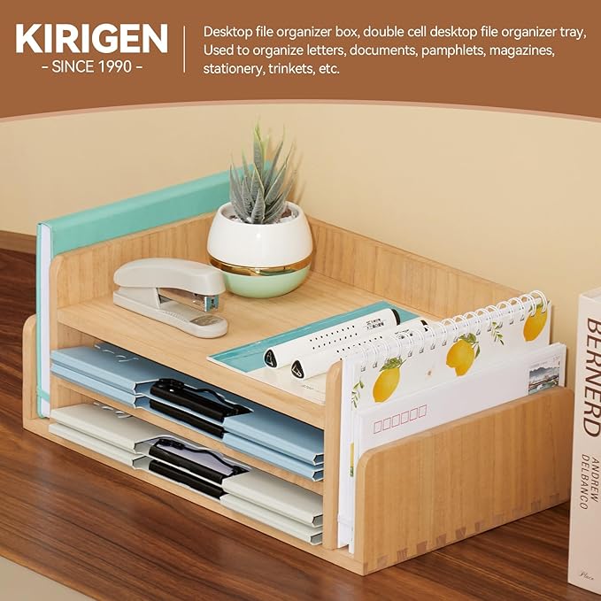 KIRIGEN Wood 3-Tier Office Desktop Document Tray - Mail Sorter Organizer Rack - Wooden Document Letter Stand for Folders, Mail, Stationary, Desk Accessories Natural(2TP-NA)
