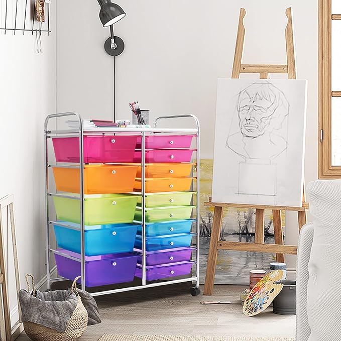 DORTALA 15-Drawer Rolling Storage Cart with Drawers, Rolling Utility Cart w/Removable Drawers & Universal Wheels, Tools Scrapbook Paper Organizer for School, Office, Home, Classroom (Rainbow)