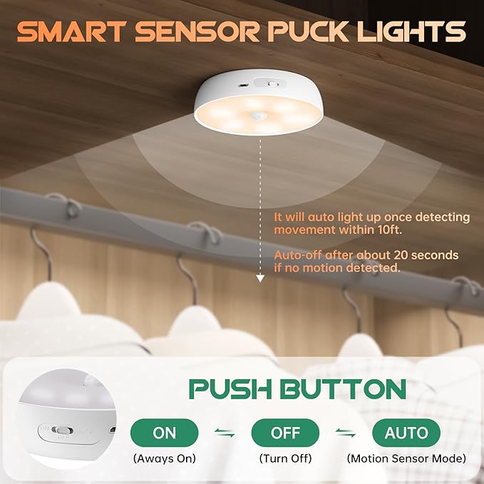 Warm Color LED Closet Lights Motion Sensor Puck Light, USB Rechargeable Battery Operated Puck Step Lights, Dimmable Under Cabinet Lighting for Counter Wardrobe Kitchen (6 Pack)