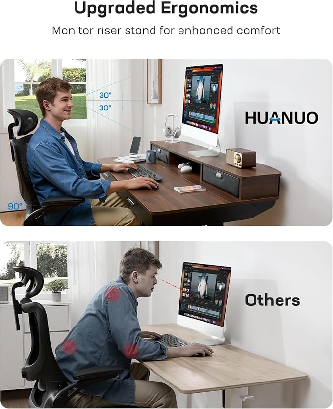 HUANUO 55 x 30 inch Electric Standing Desk with Wood Drawers, Adjustable Height Sit Stand Home Office Desk with Two Tiers, Ergonomic Adjustable Stand up Desk C-Clamp Monitor Mount Compatible, Walnut