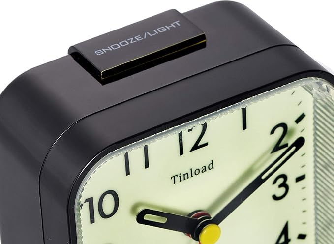 Tinload Small Battery Operated Analog Travel Alarm Clock Silent Non Ticking,Gentle Wake, Ascending Beep Sounds, Snooze,Lighted on Demand, Glow in Dark dial,Easy Set