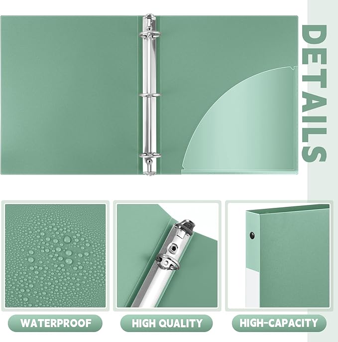 Henoyso 16 Pcs 3 Ring Binder 0.5 Inch Round Fits Letter Size 8.5'' x 11'' Paper Plastic Flexible Binder Bulk Holds 140 Sheets with 1 Pockets Versatile Organizer for Home Office School (Sage Green)