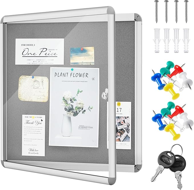 Geetery 26 x 28 Inch Enclosed Fabric Bulletin Board Tamperproof Lockable Noticeboard Fabric&Aluminium Frame Display Cases Wall-Mounted Display Case for School, Office - Secure, Durable Design(Gray)