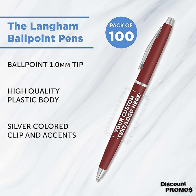 DISCOUNT PROMOS Custom Langham Ballpoint Pens Set of 100, Personalized Bulk Pack - Black Ink, Great for Office, School, Business, Tradeshows - Burgundy