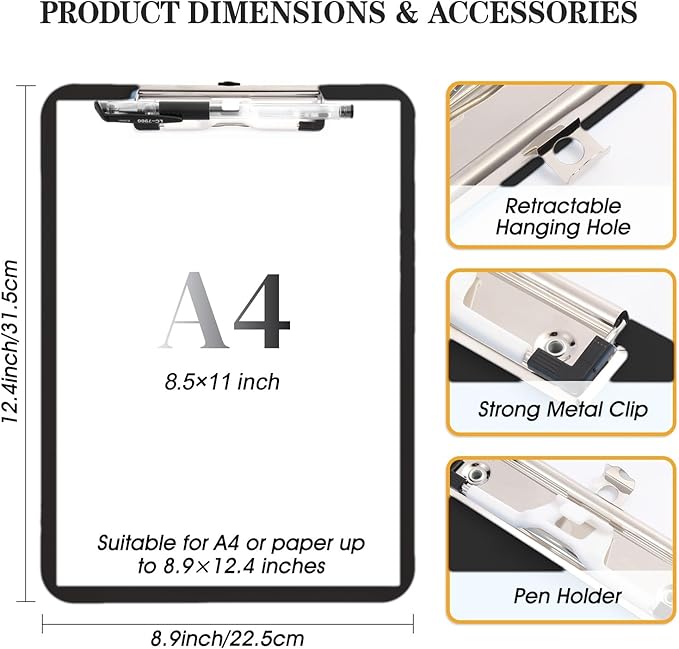 6 Pack Clipboards Bulk with Pen Holder,Thickened Nursing Clip Boards 8.5x11 Heavy Duty,A4 Letter Size,Hanging Clipboards for Women Kids Teacher, School Office Home Work (Black)
