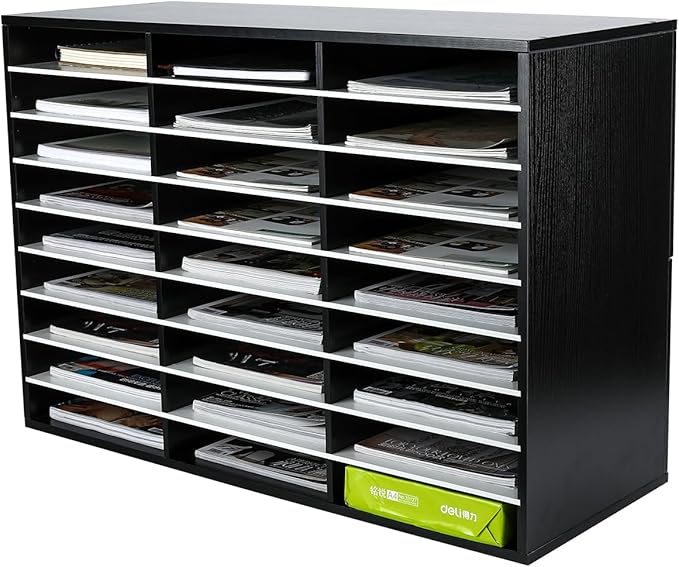EasyPAG Wooden Literature Organizer with Adjustable Shelves, 27 Compartments Office Paper Organizer Storage 13500 Sheets Letter Size Paper, Student Mailbox for Classroom, Black/White