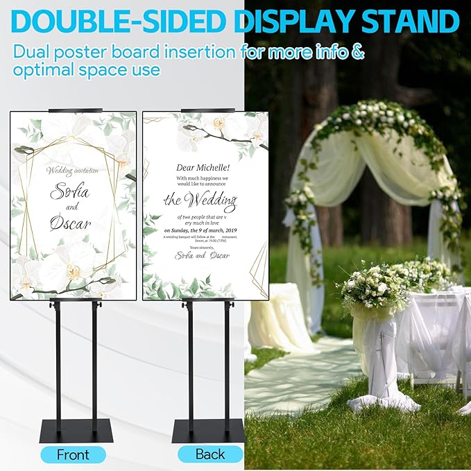 Noliven 4 PCS Adjustable Poster Stand, 43"-83" Adjustable Metal Sign Holder for Display, Double-Sided Freestanding Pedestal Sign Stand, for Restaurants, Parties, Cinemas and Outdoor, Black