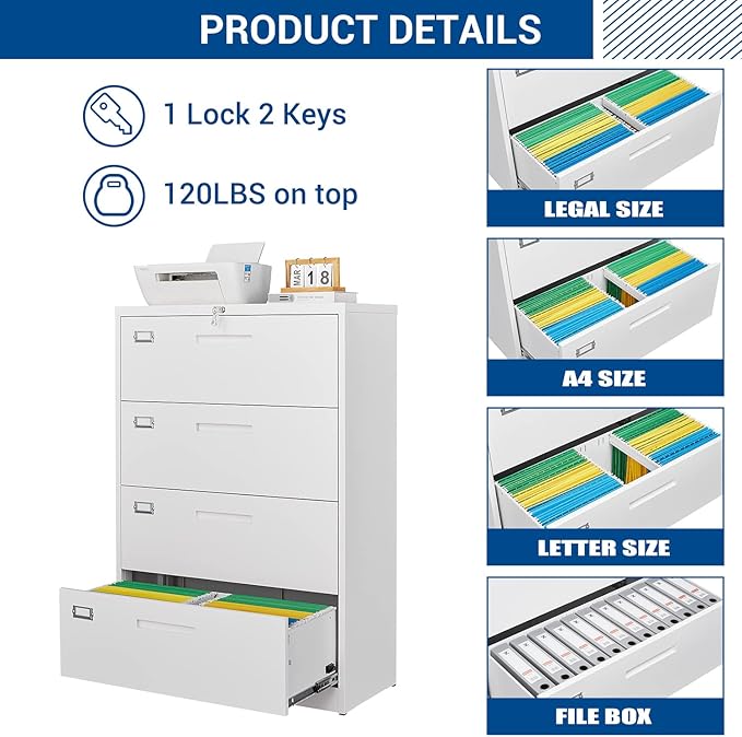 Fesbos Lateral File Cabinet with Lock, 4 Drawer Large Metal Filing Cabinet,Home Office Lockable Storage Cabinet for Hanging Files Letter/Legal/F4/A4 Size-Assembly Required