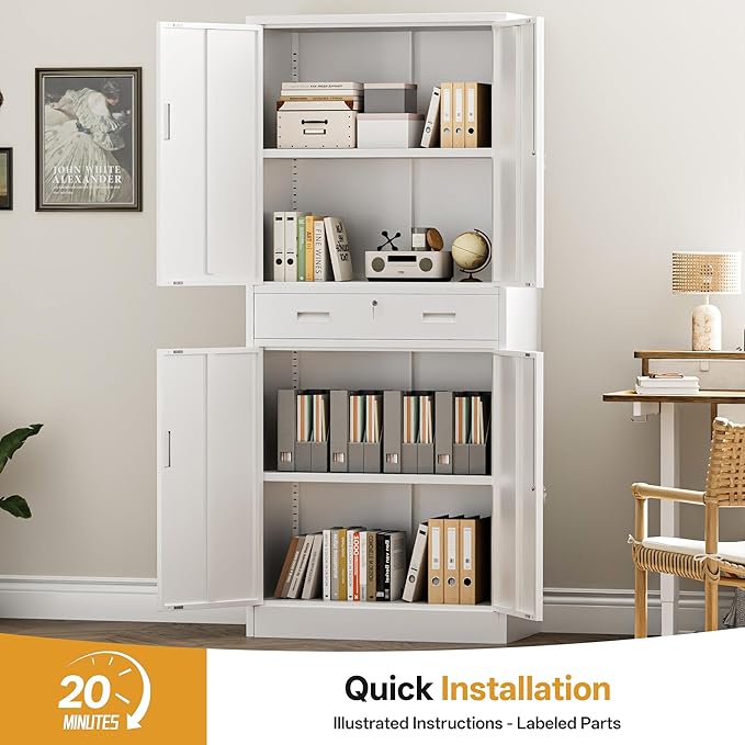 TaskStorz Metal Storage with 1 Drawer, 71" Cabinet with 4 Locking Doors and 2 Adjustable Shelves, Steel Storage File Cabinet for Pantry, Kitchen, Office, Garage (White)