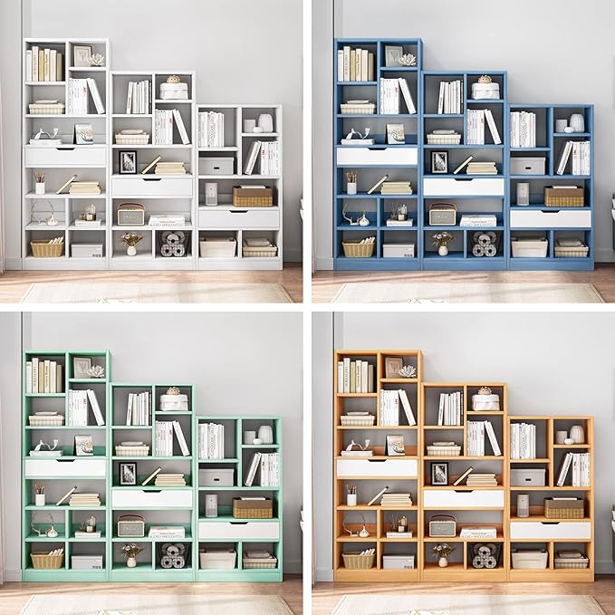 IOTXY Wooden Open Shelf Bookcase - 61" Height Freestanding Display Storage Cabinet Organizer with 8 Cubes and a Drawer, Floor Standing Bookshelf, Blue