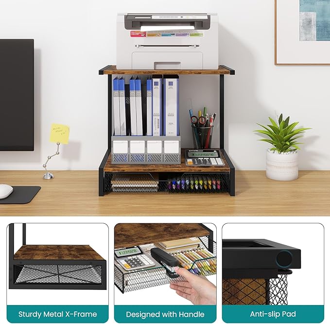 ELITEROO 2-Tier Desktop Printer Stand with Storage Drawer, Wooden Printer Stand for Desk, Small Printer Table with Shelf for Home Office, Fits Fax Machine, Scanner, 3D Printer, Rustic Brown