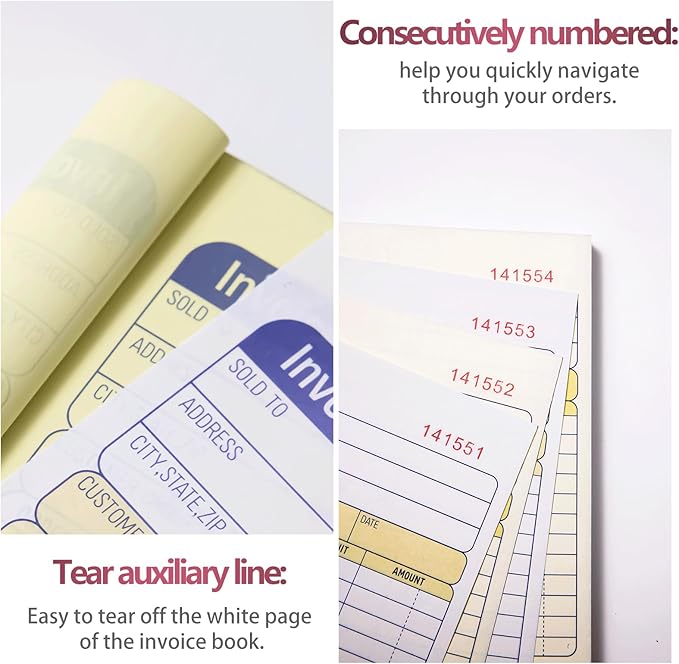 XKDOUS 10 Pack Invoice Book, 2-Part Carbonless, 5-9/16" x 8-7/16" Invoice Receipt Book for Small Business, 50 Sets per Book
