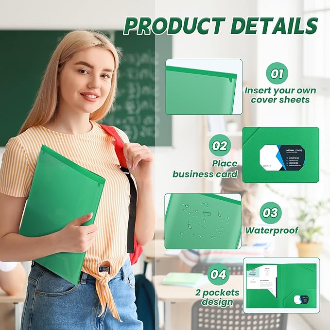 Henoyso 18 Pcs Plastic Folders with Clear Front Pockets Heavy Duty File Folders with 2 Pockets and Card Slot for Student Communication School Office Presentation Report (Green)