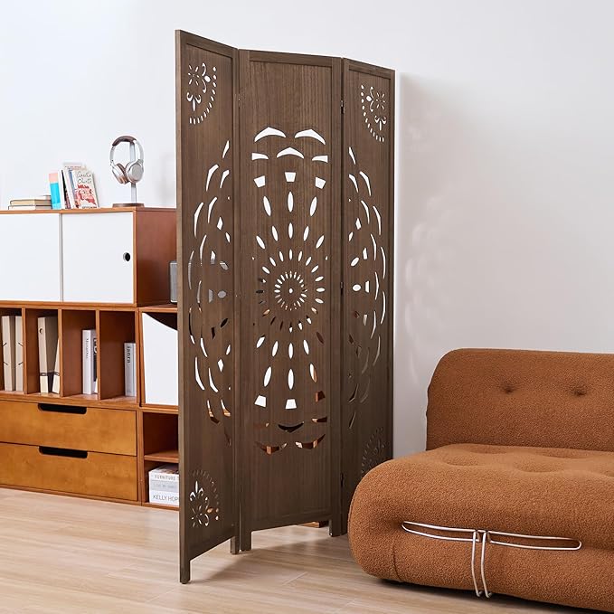 66.9Inch Wooden Room Partition - 3 Panels Boho-Styled Space Room Divider for Home/Office, Headboard & Yoga/Photo/Video Call Backdrop (Brown)