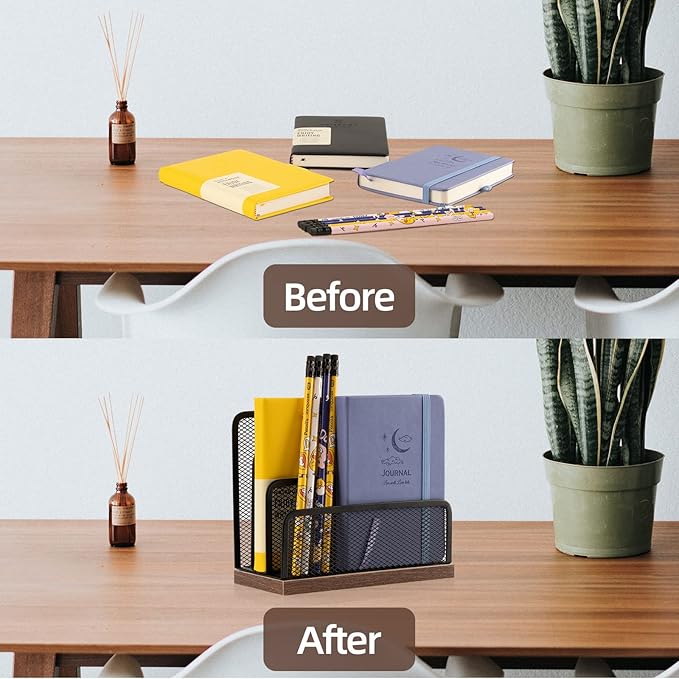Wooden Desk Mail Organizer, Desktop File Organizer Metal Mesh with 3 Vertical Upright Compartments, Mail Sorter Letter Organizer Rack for Letters, Postcards, Brochures, Mail Holder (2 Pack Black)