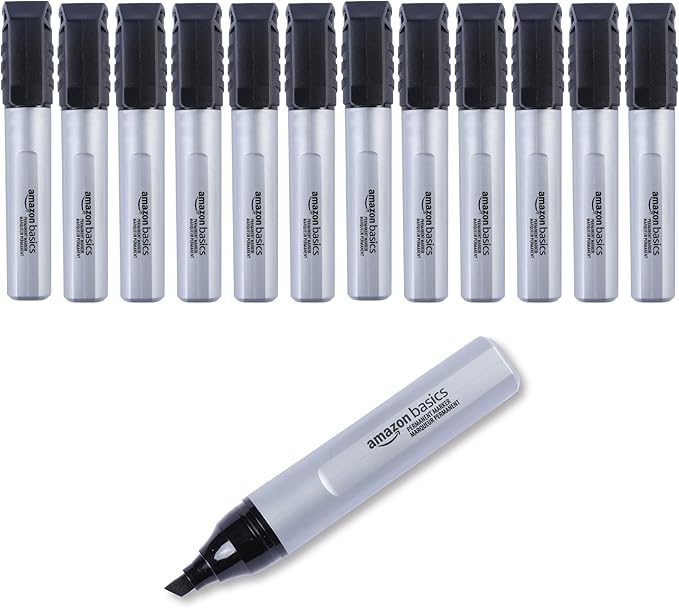 Amazon Basics Large Chisel Tip Permanent Markers, Black, 12-Pack