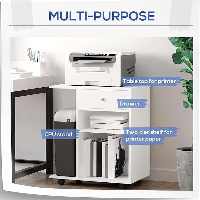 Zateety Mobile Printer Stand, Rolling File Cabinet Cart with Wheels, Adjustable Shelf, Drawer and CPU Stand, White