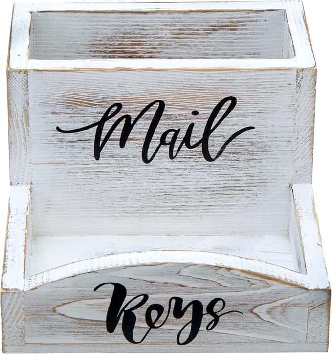MyGift Shabby Whitewashed Solid Wood Mail Holder and Key Organizer Entryway Storage Tray with Cursive Mail and Keys Word Design, Office Desktop Organizing Bin
