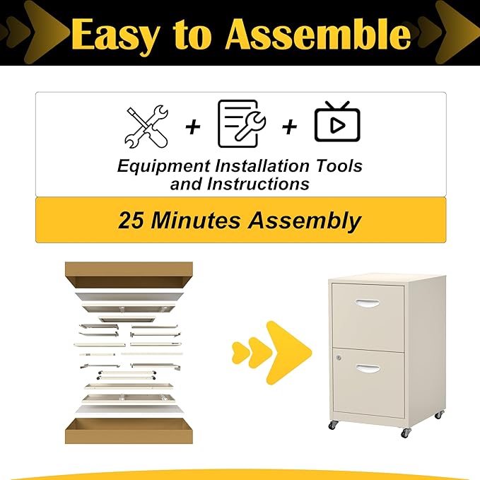 SteeLoong 2 Drawer File Cabinet with Lock，Cream Rolling File Cabinet for Home Office, Metal Small Mobile Filing Cabinets on Wheels for Hanging Letter