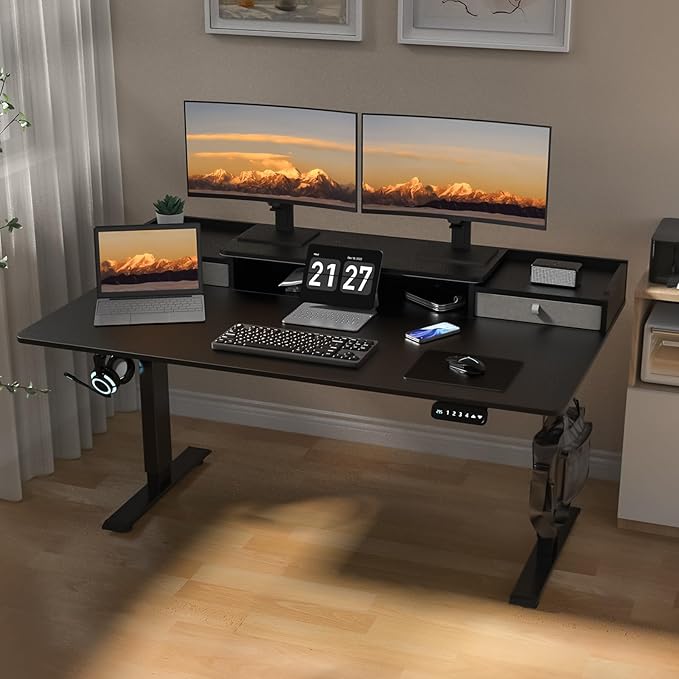 ExaDesk 63 x 30 Inch Electric Standing Desk with 2 Drawers, Adjustable Height Widened Stand Up Desk with Storage, Sit to Stand Ergonomic Workstation for Home Office, Classic Black