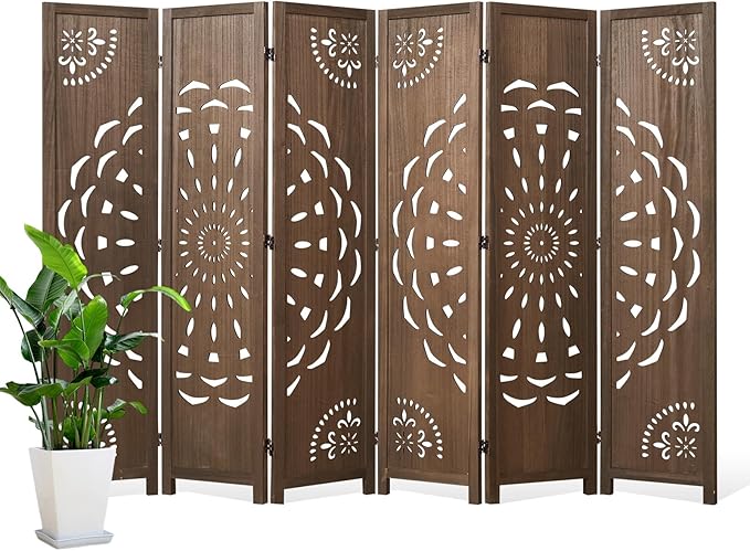 66.9Inch Wooden Room Partition - 6 Panels Boho-Styled Space Room Divider for Home/Office, Headboard & Yoga/Photo/Video Call Backdrop (Brown)