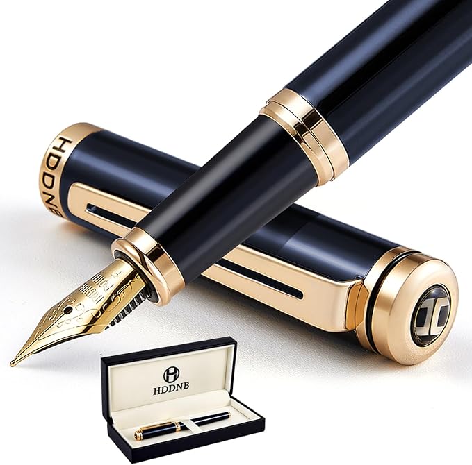 HDDNB Blue Luxury Fountain Pen Set for Men and Women with Gift Box, 24K Gold Finish and Gilded Nib(Fine) with 5 Black Ink Cartridges and Converter
