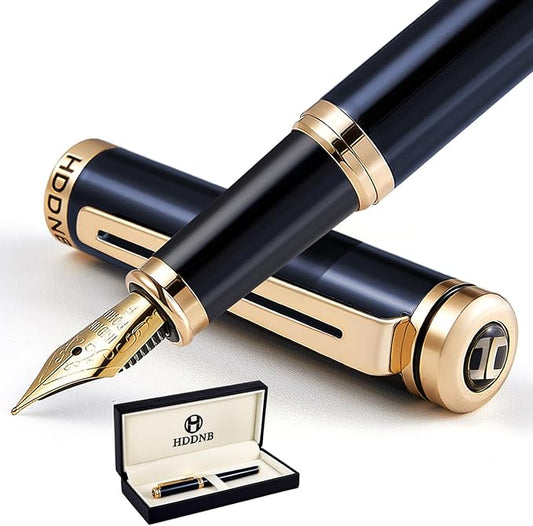 HDDNB Blue Luxury Fountain Pen Set for Men and Women with Gift Box, 24K Gold Finish and Gilded Nib(Fine) with 5 Black Ink Cartridges and Converter